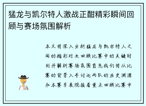猛龙与凯尔特人激战正酣精彩瞬间回顾与赛场氛围解析