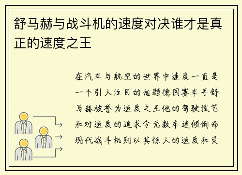 舒马赫与战斗机的速度对决谁才是真正的速度之王